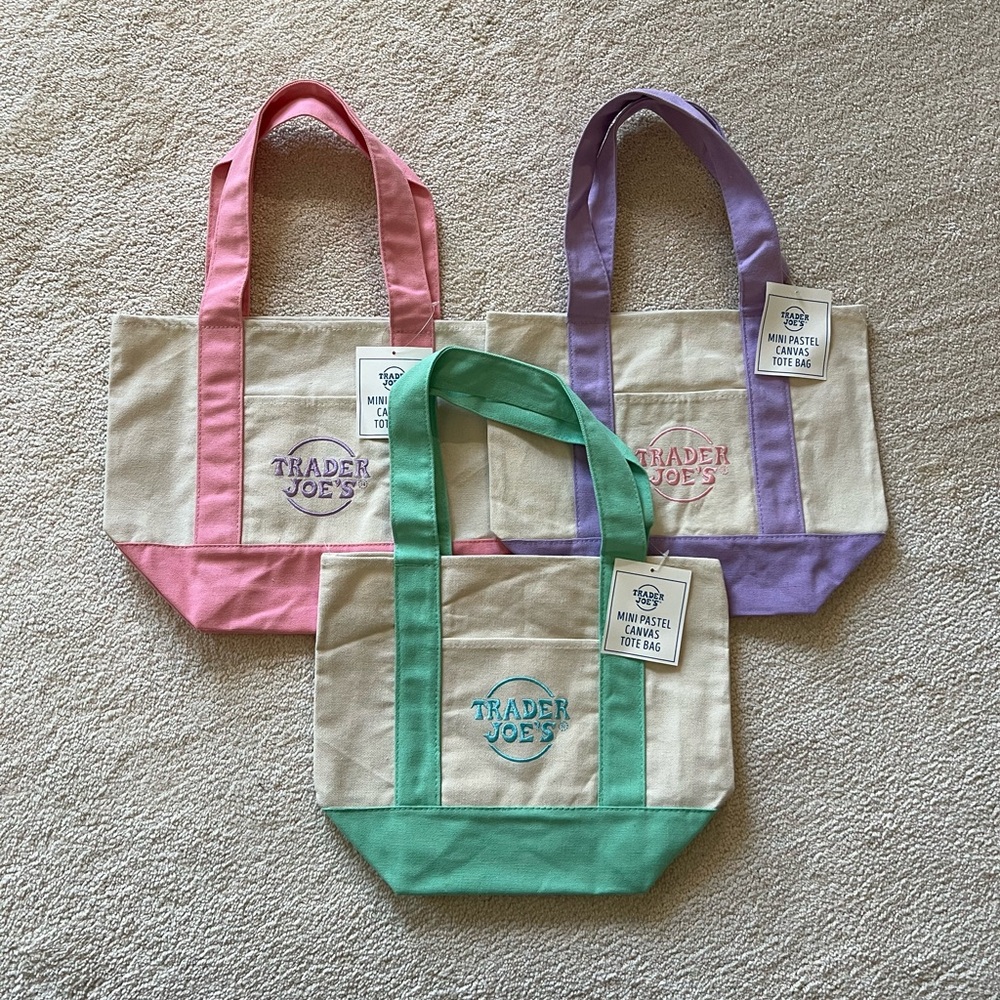 Trader Joe’s Mini Pastel Canvas Tote Bags in Pink, Purple, and Mint